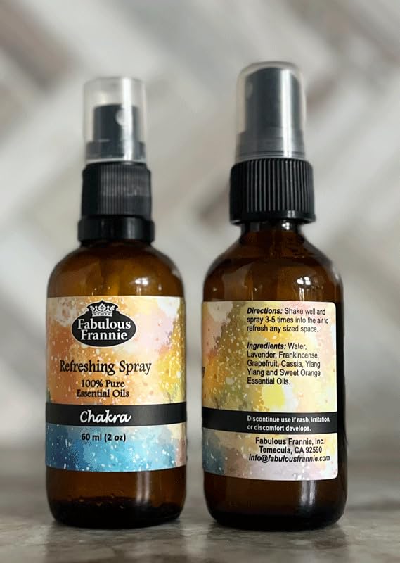 Fabulous Frannie Chakra Refreshing Mist made with Pure Essential Oils A perfect blend of Lavender, Frankincense, Grapefruit, Cassia, Ylang Ylang and Sweet Orange Pure Essential Oils 2oz each 2pk