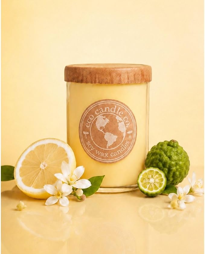 ECO CANDLE CO. Recycled Candle, Meyer Lemon, 18 oz. Double Wick - Scents of Lemon, Bergamot, Orange - 100% Soy Wax, No Lead, Kraft Paper Label & Lid, Hand Poured