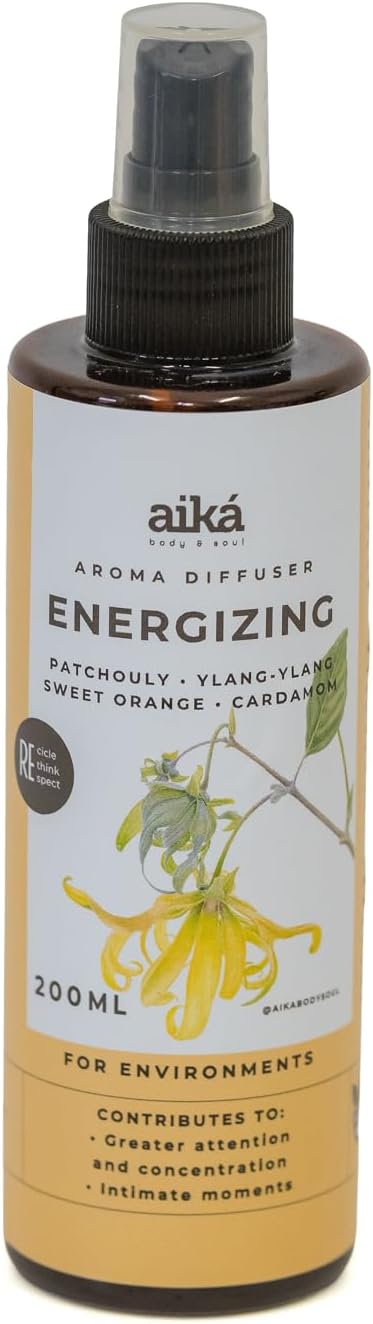 Aika Energizing Body Care Set – Aroma Diffuser 200ml + Home Spray 200ml – Patchouli, Ylang-Ylang, Orange & Cardamom Essential Oils – Energy Boost, Focus & Mood Enhancement