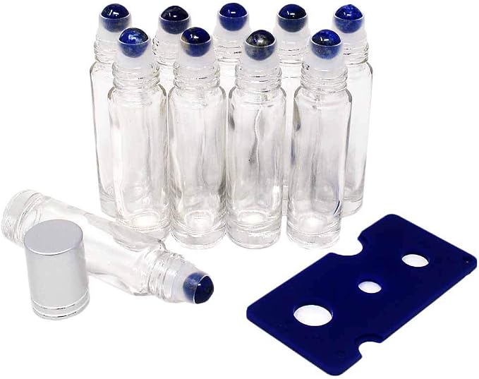 fengshuisale 10pcs Clear 10ml Empty Refillable Glass Bottles with Crystal Semiprecious Stones Essential Oil Gemstone Roller Ball Bottles with Silver Lid with Free Bag W3900 (Lapis)
