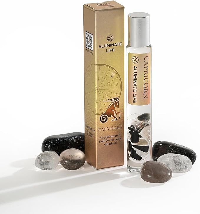 Capricorn Zodiac Crystal-Infused Essential Oil Rollerball, Aromatherapy Blend - Grounding & Motivation, Premium Astrology Sign Birthday Gift, Natural Therapeutic Roller, 10 mL