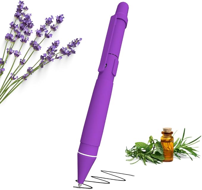Aromatherapy Writing Pen Battery with Real Ink Tip and Hidden Diffuser Port, Soft Touch Ballpoint for Note Taking, Signature, and On-The-Go Relaxation, Rechargeable Wellness Gift for Office (Purple)