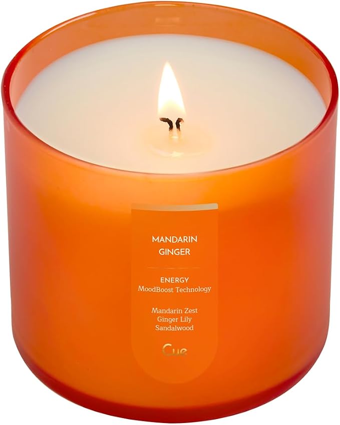 CUE Scented Candle |MoodBoost Essential Oils |OpenWick Clean Burning Candle | Soy Coconut Wax Blend | Candle for Home | Gift |Extended Burn Time (14oz, Mandarin Ginger)