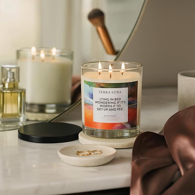 Sagebrook Home Scented Candle with Humorous Label - Long-Lasting & Aromatic - Glass & Wax - Boho Style - Home, Office, Bedroom, Living Room Decor - 4" Orange, Blue, Black