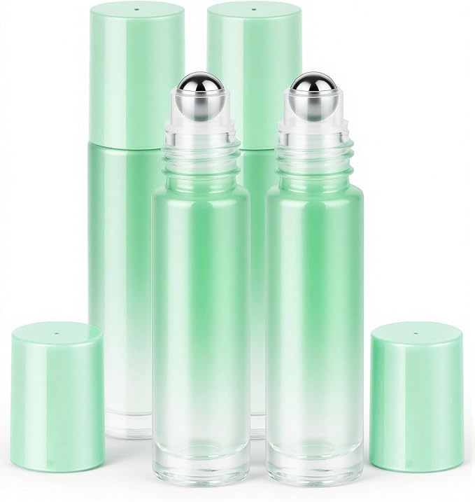 sungwoo 4 Pack Roller Bottles, 10 ml Essential Oil Glass Roller Bottles with Stainless Steel Roller Balls Green-Gradient