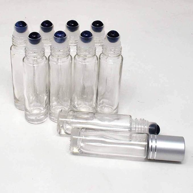 fengshuisale 10pcs Clear 10ml Empty Refillable Glass Bottles with Crystal Semiprecious Stones Essential Oil Gemstone Roller Ball Bottles with Silver Lid with Free Bag W3900 (Sodalite)