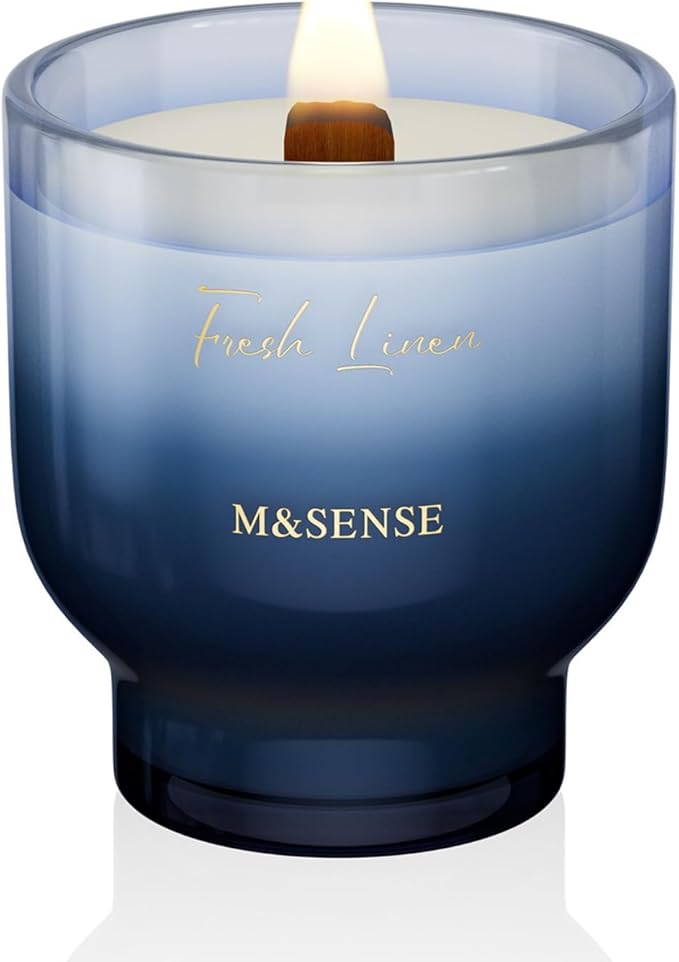 M&SENSE 9.9oz Natural Soy Wax Jar Candle with Wooden Wick | Fresh Linen Scent | 55-Hour Burn & Long-Lasting Burn | Housewarming Gift for Men and Women