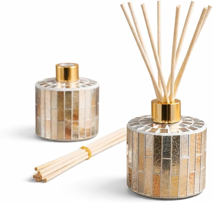 7.3oz Decorative Vertical Stripe Mosaic Glass Reed Diffuser Bottle Set with Silver Caps & 16pcs Natural Feed Sticks-Set of 2 - Ideal for Home Fragrance, Bathroom Decoration, Accent (Amber)
