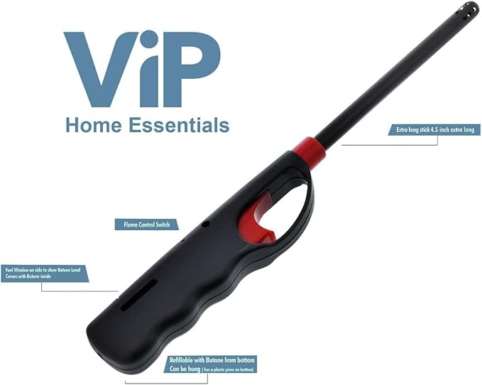 1 Pack - Fuel Included Handi BBQ Grill Click Flame Long Stem Lighter - Refillable Butane Gas Candle Fireplace Kitchen Stove Wind Resistant, Red (1)