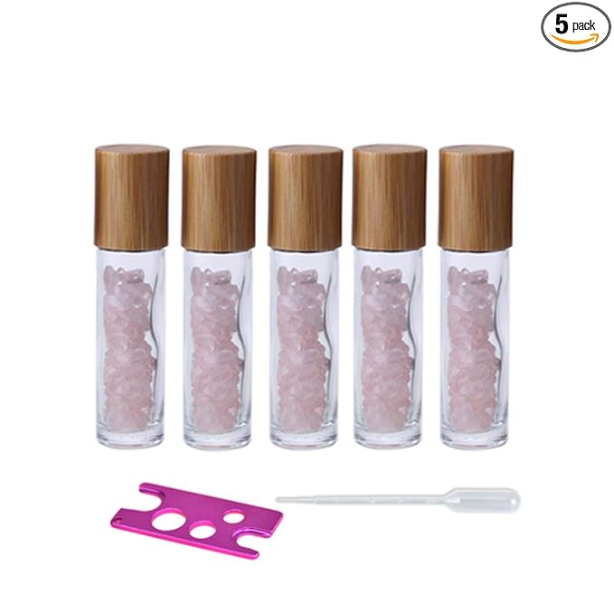 5 Pack 10ml Clear Roll On Bottles With Natural Chakra Crystal Chips for Essential Oils,Perfume Glass Roller Bottles Container Bamboo Lid,Crystal Roller,Pipette&Opener Included (Rose Quartz)