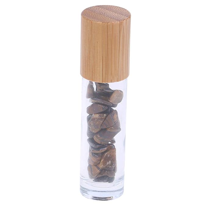 5 Pack 10ml Clear Roll On Bottles With Natural Chakra Crystal Chips for Essential Oils,Perfume Glass Roller Bottles Container Bamboo Lid,Crystal Roller,Pipette&Opener Included (Tiger Eye)