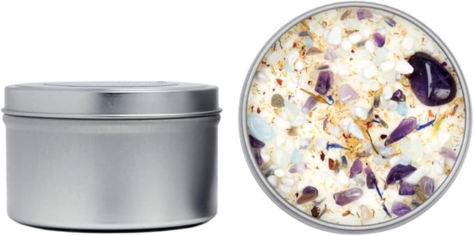 Lavender Chamomile Candle by New Moon Beginnings - Calming Energy Candle - Crystal Candle & Herb Candle - Aromatherapy Candle - Essential Oil Candle (8 Ounce Round Tin)