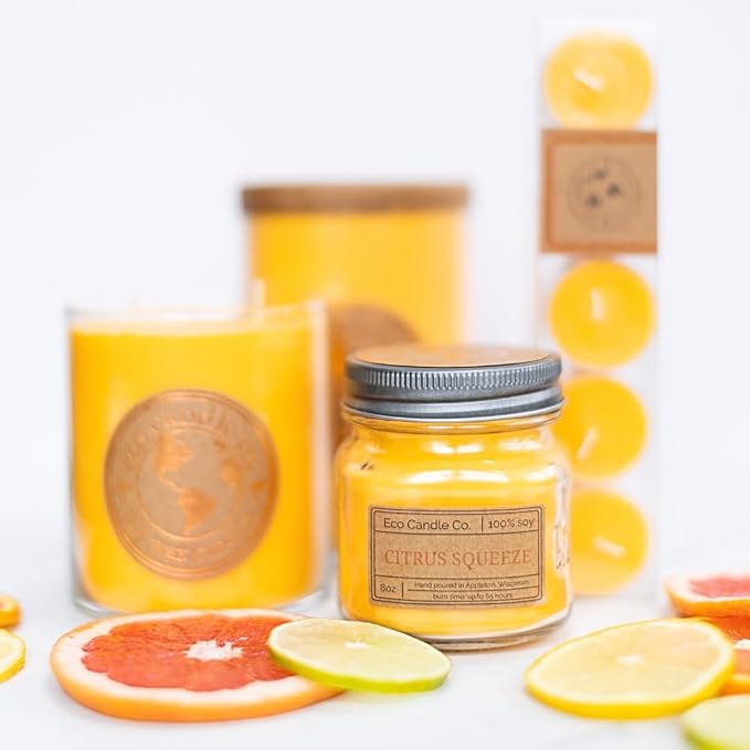 ECO CANDLE CO. Recycled Candle, Citrus Squeeze, 6 oz. - Scents of Orange, Tangerine, Grapefruit, Lemon, & Lime - 100% Soy Wax, No Lead, Kraft Paper Label & Lid, Hand Poured, Midwest Grown Soybeans