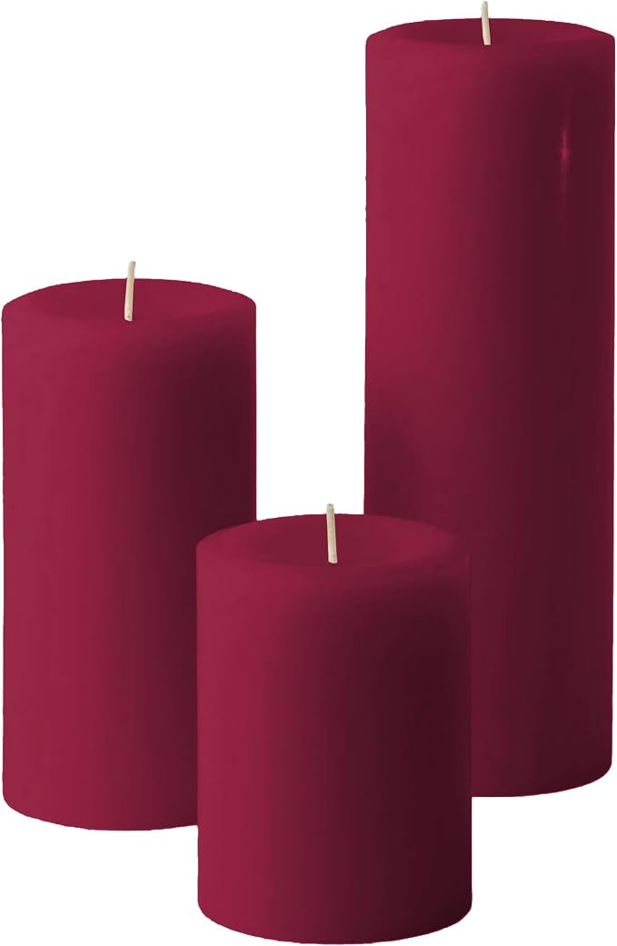 Mister Candle Unscented Dripless Pillar Candles Set of 3, Hand Poured 3 Inch Candles, Premium Wax, Decorative Pillar Candles, (3" x 4", 3" x 6", and 3" x 9", Burgundy)