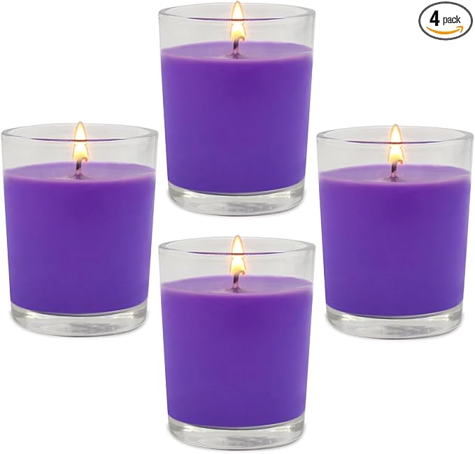 4 Packs Unscented Purple Votive Candles in Glass, 2 Inch Natural Soy Wax Scentless Candles for Wedding Party Home Holidays Relaxation Spa, 12-15 Hour Burning Time