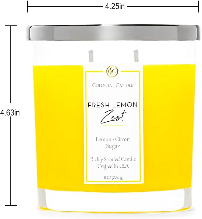 Colonial Candle Fresh Lemon Zest Scented Candle Jar, Highly Fragranced Candles for Home Scented, Mottled Wax Candle, 2 Wick, 8 oz - Made in the USA