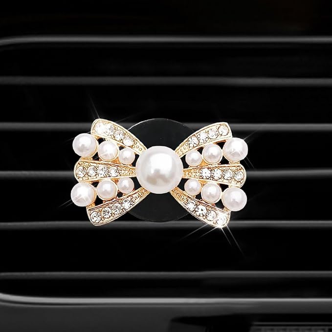 GSHLLO 2 Pcs Bow Car Air Vent Clips Faux Pearl Car Perfume Clips Bling Rhinestone Car Freshener Clips Car Outlet Conditioner Clips Auto Diffuser Charm Clips