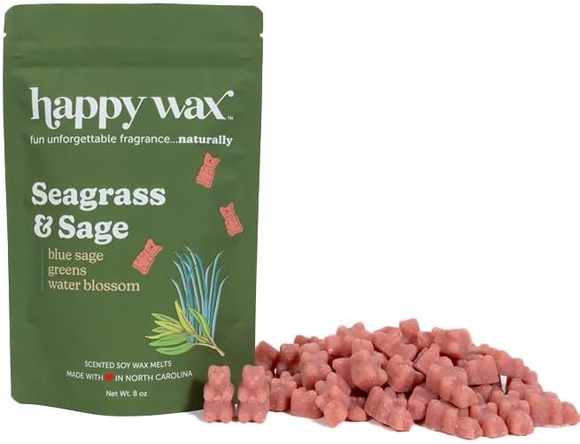 Happy Wax Seagrass & Sage Scented Bear Wax Melts - Natural Strong Scented Summer Melts Infused w/Essential Oils - Non Toxic & Pet Safe - (8 oz Pouch)