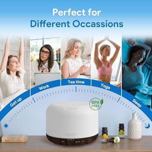 ASAKUKI Oil Diffuser Set – 500ml Cool Mist Humidifier with 6 Masculine Essential Oils – Dark Cologne, Tobacco Vanilla, Vetiver, More – for Home, Office, Gift
