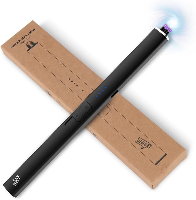 Windproof Flameless Long Candle Lighter with Dual Arc, USB Rechargeable Lighter for Candles, Grill and Fireworks