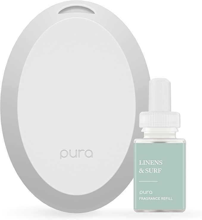Pura Home Mini Fragrance Diffuser for Small Spaces Adjustable Smart Home Device with LED Light & Automatic Vial Detection - Includes 1 Scent Refill - Linens & Surf