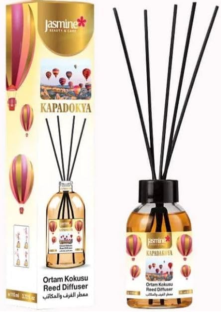 Jasmine Turkish Reed Diffuser 3.72 fl.oz, 110ml, Oil Reed Diffuser with 4 Sticks for Your Office, Bedroom, Bathroom and Kitchen. A Nice Gift to Love. Jasmine Beauty And Care. (Kapadokya)