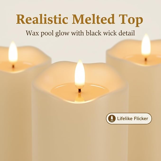ANGELLOONG Flameless Candles with Remote, Flickering Battery Operated Pillar LED Candles with 4/5/6/8H Timer for Bridal Shower, Wedding Table Decor, Home Decor, Set of 3