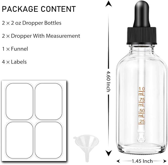 Bumobum 2 pack Dropper Bottle 2 oz, Clear Glass Eye Dropper Bottles for Essential Oils with Labels and Funnel, Leakproof Tincture Bottles with Measured dropper
