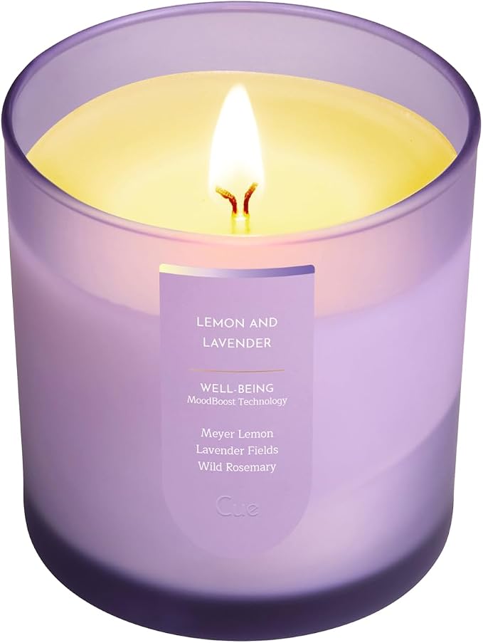 CUE Scented Candle |MoodBoost Essential Oils |OpenWick Clean Burning Candle | Soy Coconut Wax Blend | Candle for Home | Self-Care Gift for Women |Extended Burn Time (8.5oz, Lemon and Lavender)