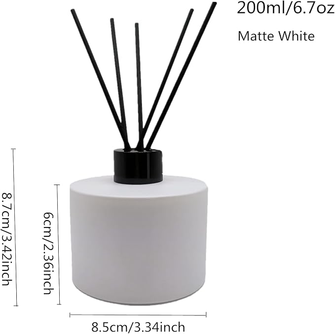 2PCS 200ml Reed Glass Diffuser Set，Essential Oil Container,6.7oz Refillable Empty Glass Bottles with Sticks,Diffuser Jars for Home Oil Fragrance Matte White (200ml Round)