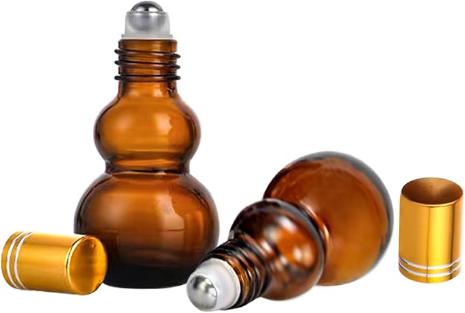 Essential Oil Roller Bottles, 20ml Amber Gourd Shaped Glass Roller Bottles with Stainless Steel Roller Ball, for Travel,Perfume (Amber-Gold Cap, 20ML)