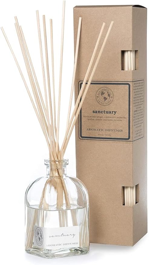 ECO CANDLE CO. Reed Diffuser Set, Sanctuary, 4 oz. - Scents of Black Orchid, Ginger, Cardamom, Lily, Leather, Amber, & Kyara - Premium Fragrance & Essential Oils, Clear Glass, 12 Reeds, Recycled Box