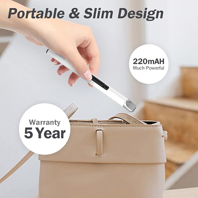 Electric Lighter, Arc Windproof Flameless Plasma Lighter, Long Stick with Rope and Ring, Perfect for Candle BBQ Camping Kitchen Stove, White