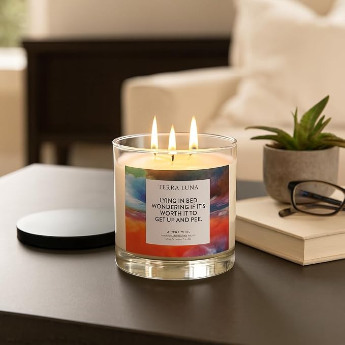 Sagebrook Home Scented Candle with Humorous Label - Long-Lasting & Aromatic - Glass & Wax - Boho Style - Home, Office, Bedroom, Living Room Decor - 4" Orange, Blue, Black