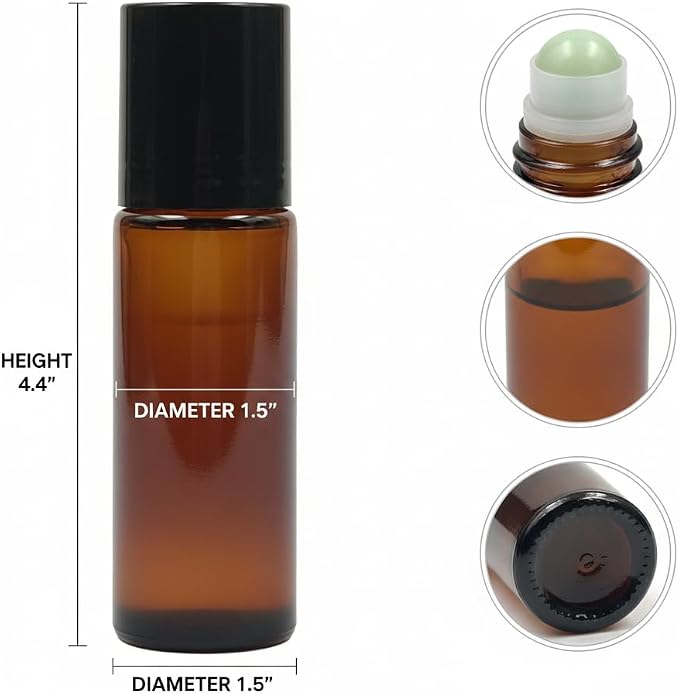 1.7oz Amber Glass Roll On Bottles with Jade Roller Balls | Leak-Resistant Design for Essential Oils, Perfume & DIY Deodorant | Refillable, Includes Funnel & Opener (Green, 50, Milliliters)