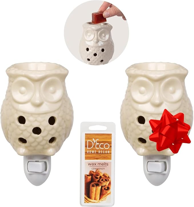 Owl Plug-in Fragrance Wax Melt Warmers (2Pk)- Electric Scented Candle Tart Warmer w 4 Cinnamon Cubes- Halogen Bulb Melts Wax & Fills Room w Fresh Scents & Night Light Glow- Holiday Xmas Must Have Gift
