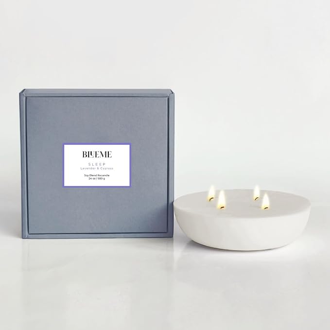 Blueme Sleep Candle Refill | Lavender & Cypress | 4 Wick - Contains Essential Oil, Sustainable, Hand Finished, Hand Poured, Luxury Refill, Natural Cotton Wick, Soy-Wax Blend | Large 24 oz