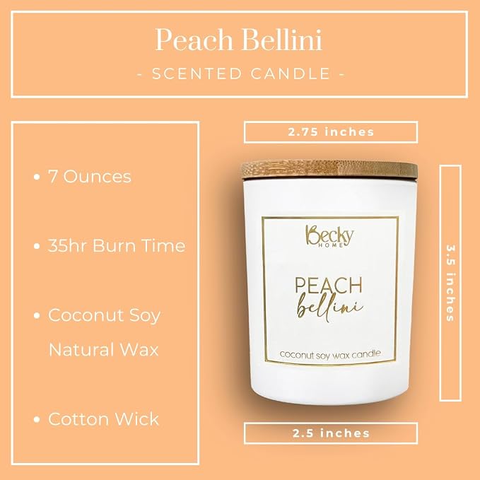 Peach Bellini Candle | Sweet Peach Scented Candle | Natural Coconut Soy Candles | 8 Ounce Modern Luxury Home Decor Novelty Candle | Long Lasting Fragrance with 35 Hour Burn Time