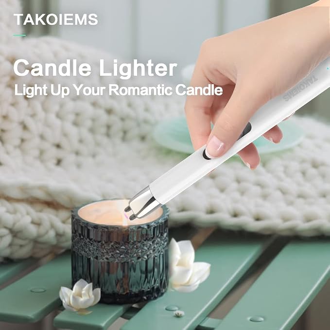 Candle Lighter, Electric Lighter USB with Upgraded LED Display Safety Switch, Rechargeable Flameless, Cream White