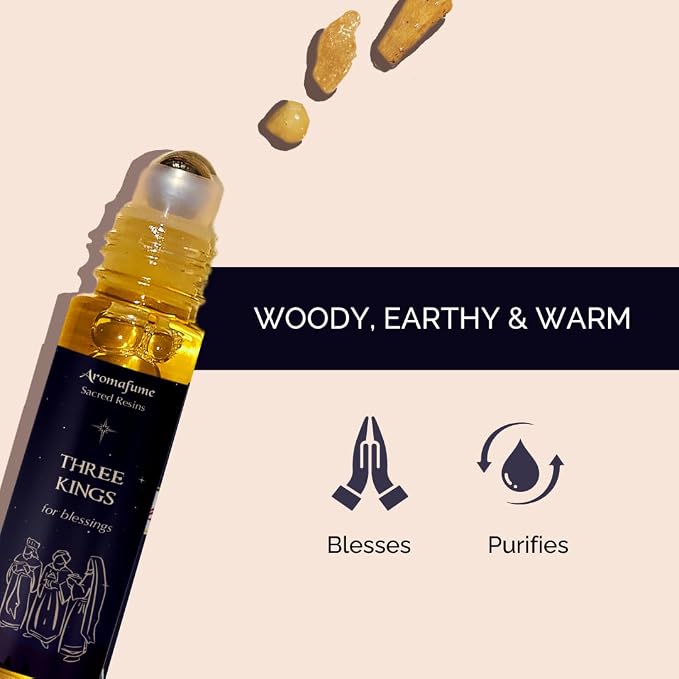 Three Kings Resin Essential Oil Roll-On | 1 x 10ml / 0.33 fl oz by Aromafume| Ideal for Spirituality & Rituals | Made with Pure Boswellia, Serrta & Natural extracts | Non-Alcoholic, Non-Toxic & Vegan
