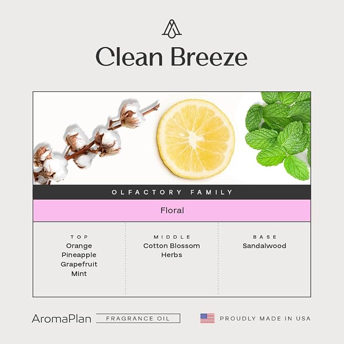AromaPlan Scents, Clean Smelling Essential Oils, Clean Breeze Inspired by D. (5 Fl Oz /148ml)-Fresh Scent Essential Oil for Diffuser, USA Fragrance, Bigger Bottle, Bolder Aroma & Longer Lasting
