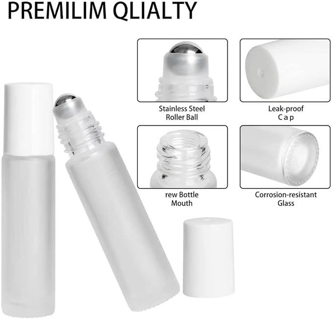 24-Pack 10ml Clear Frosted Glass Roll-On Bottles with Stainless Steel Rollers, Refillable Roll-On Applicators for Essential Oils, Castor Oil, Aromatherapy, and Empty Deodorant Containers