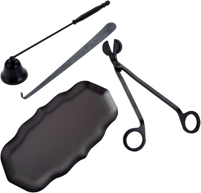 MUXSAM Candle Accessory Set Gift Box, Exquisite Wave Storage Tray Plate, Candle Wick Trimmer, Bell Candle Wick Snuffer, Candle Wick Dipper, 4-in-1 Candle Care Toll Kit for Scented Candle Lover, Black