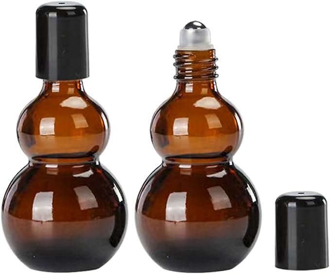 Essential Oil Roller Bottles, 20ml Amber Gourd Shaped Glass Roller Bottles with Stainless Steel Roller Ball, for Travel,Perfume (Amber-Black Cap, 20ML)