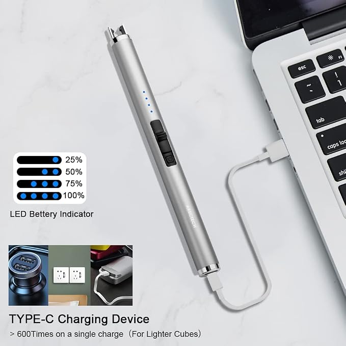 ARECTECH Rechargeable Electric Candle Lighter Arc Plasma Windproof Lighter for Candle Christmas Kitchen Birthday Gift for Mom Men Wife with Type-C Cable Silvery
