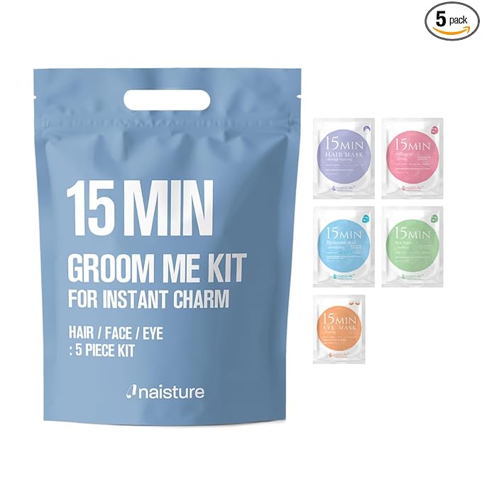 Naisture 15 Min Groom Me Kit Skincare Gift Set for Men – All-in-One Bundle with Hair, Face, & Eye Masks, Complete Grooming Self-Care Kit (5 pcs)