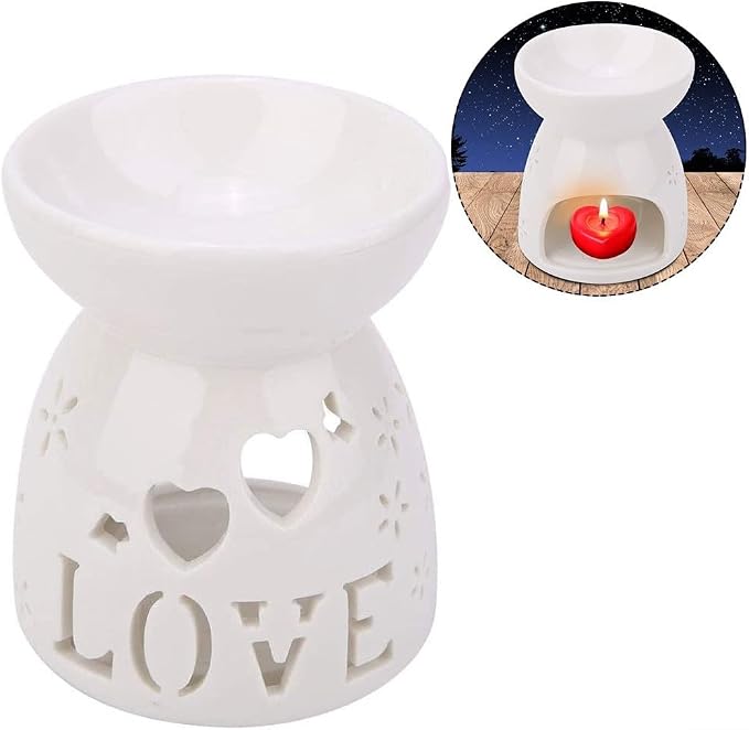 Ceramic Wax Melter for Scented Wax Melts and Essential Oils, Flower and Love Pattern Diffuser Burner with Spoon and Tray, Heat Resistant Warmer for Home Office Decor Night Light(flower)