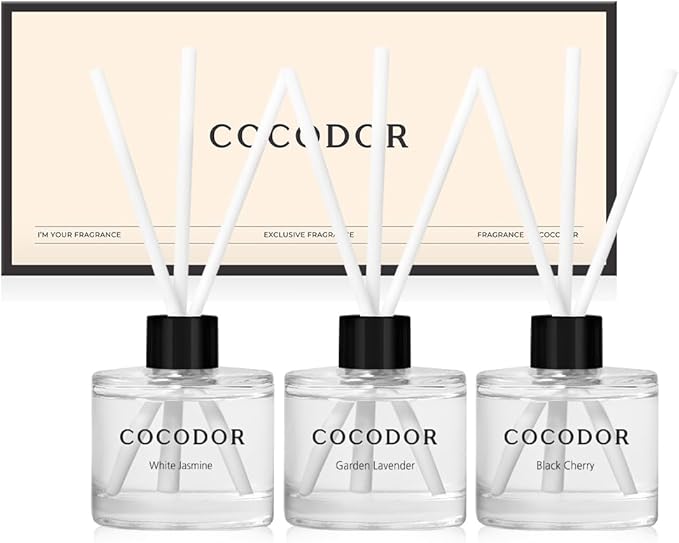 COCODOR Signature Collection Reed Diffuser Set of 3/White Jasmine,Garden Lavender,Black Cherry/1.6oz Each Pack/Home Fragrance Diffuser, Oil Scent Diffuser for Bathroom Shelf Decor