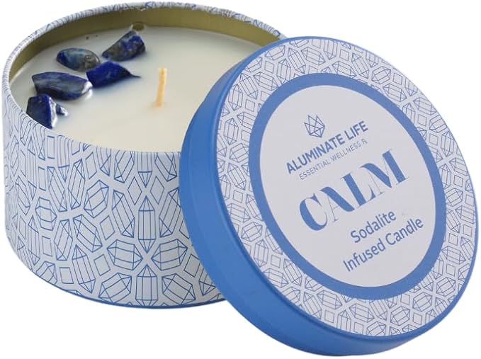Calm Crystal-Infused Scented Candle Tin with Healing Sodalite - Scents of Chamomile, Howood, & Sage - Destress, Insight, Serenity, & Peace - Coconut Wax Blend, Luxury Gift 6 oz
