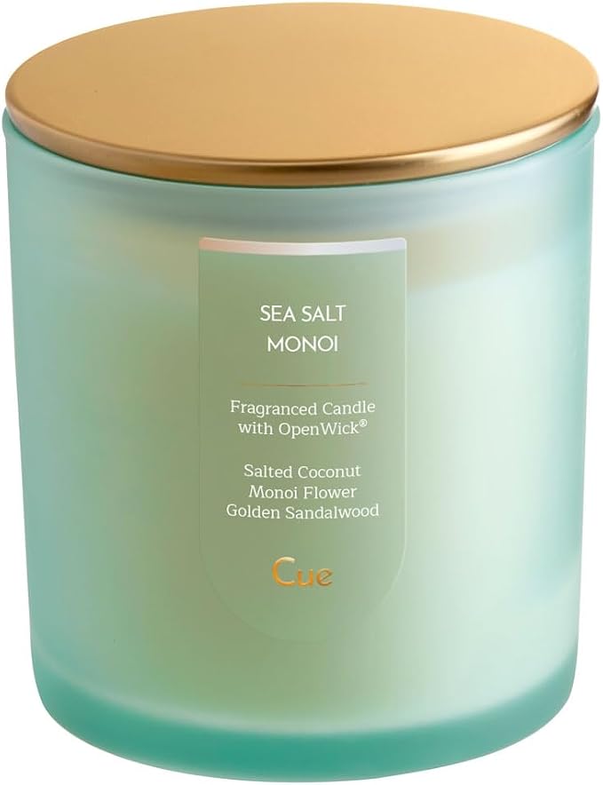 CUE Scented Candle | OpenWick Clean Burning | Soy Coconut Wax Blend | Spring | Summer | Clean Burning | Gift | Extended Burn Time (8.5oz, Sea Salt Monoi)